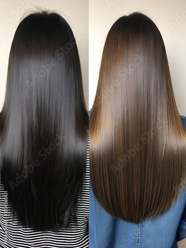 Hair transformation: Before and after straightening treatment showcasing smooth, sleek hair versus dry, unruly texture for comparison.