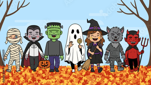 Cute Cartoon Children in Halloween Costumes Walking on Autumn Leaves
