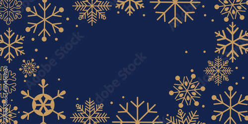 Dark, elegant winter/Christmas background featuring a frame or border of stylized gold/bronze snowflakes and scattered dots on a deep navy blue background. The central dark area offers ample space for