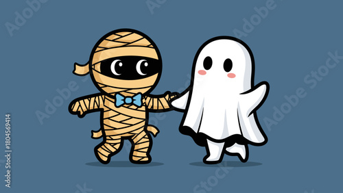 Cute Halloween mummy and friendly ghost cartoon illustration holding hands, perfect for spooky season designs.