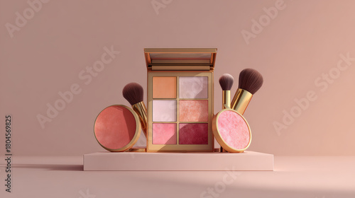 Realistic cosmetic collection featuring blush palette, highlighting various shades of pink and peach, alongside makeup brushes. elegant presentation evokes sense of beauty and sophistication