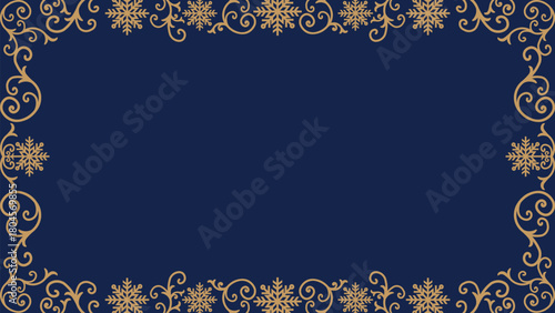 Valokuva Elegant horizontal Christmas or winter background featuring a decorative, continuous gold/bronze border of ornate scrollwork, swirling vines, and intricate snowflakes on a rich navy blue background