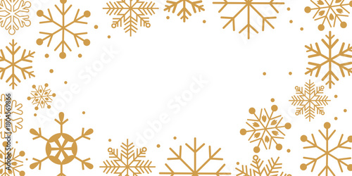 Horizontal winter background template featuring a clean white center framed by various sizes and designs of blue snowflakes and scattered dots. The minimalist, frosty design is perfect for holiday gre