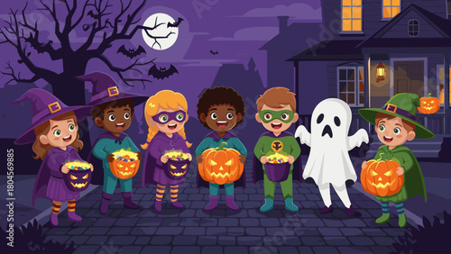Happy diverse children in Halloween costumes trick-or-treating at night with candy buckets