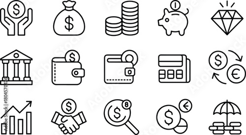 Money and Finance Vector Icon Set Outline Style