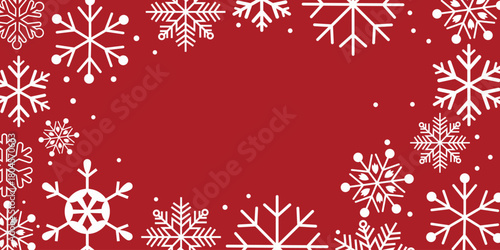 Horizontal winter background template featuring a clean white center framed by various sizes and designs of blue snowflakes and scattered dots. The minimalist, frosty design is perfect for holiday gre
