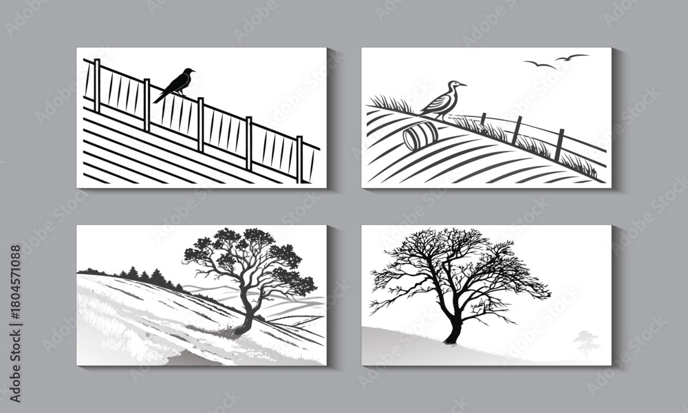 Naklejka premium Linear Meadow and Cloud Horizon Vector Set