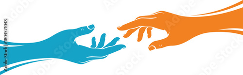 Two stylized hands reaching towards each other blue and orange connection help