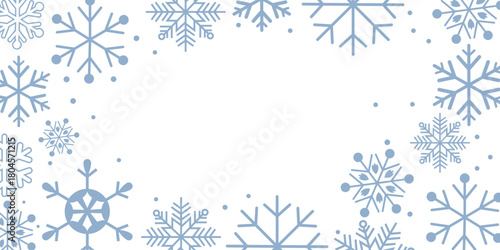 Horizontal winter background template featuring a clean white center framed by various sizes and designs of blue snowflakes and scattered dots. The minimalist, frosty design is perfect for holiday gre