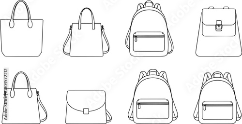 Minimalist handbag and backpack line art icons, fashion accessory outline set for branding, design templates, product illustrations, digital graphics