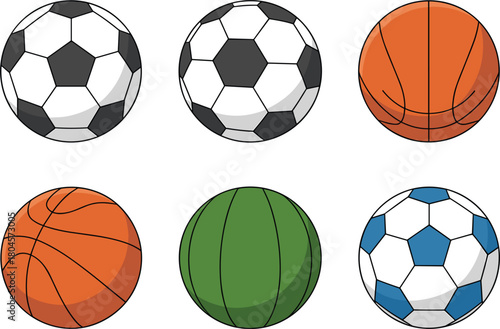 Collection of sports balls vector illustration set, soccer football, basketball, and playground ball isolated graphic elements design
