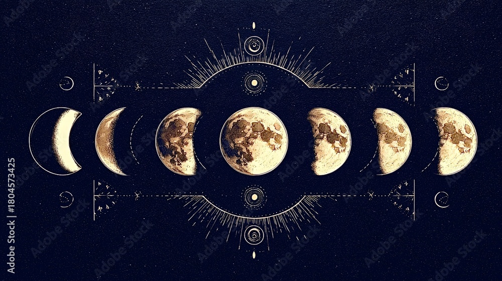 Fototapeta premium Lunar cycle phases illustrating celestial astrology and spiritual cosmos