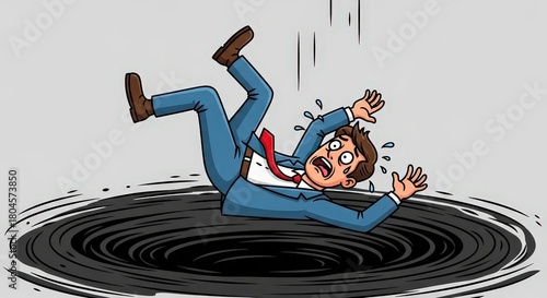 Businessman Falling into a Black Hole Cartoon Illustration of Financial Trouble and Stress