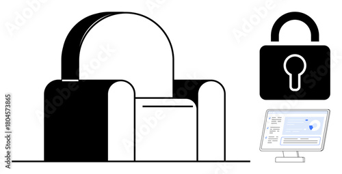 Monochrome chair, secure padlock, and digital screen symbolize data security, privacy, comfort, remote work. Ideal for cybersecurity, workplace safety, encryption digital privacy information