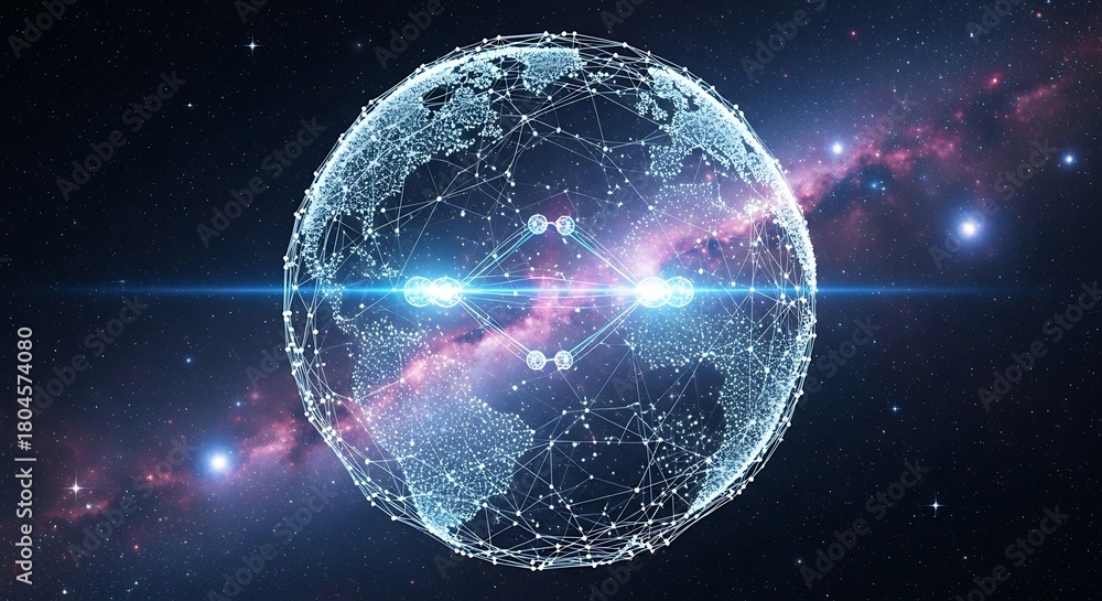 Obraz premium Quantum network enveloping a digital Earth, symbolizing global interconnectedness, futuristic data transfer, and advanced communication technology in space