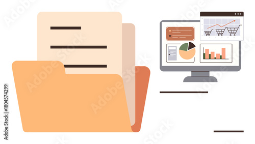 Open file folder beside computer screen showing charts, graphs, shopping carts, and documents. Ideal for data management, analytics, marketing, finance, digital organization e-commerce technology