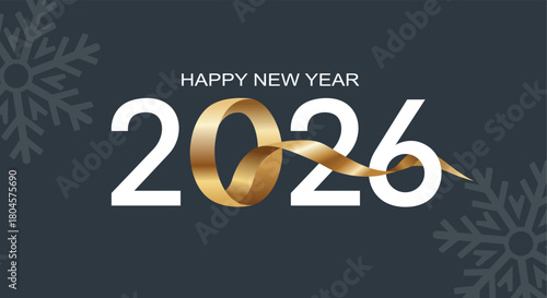 Happy New Year 2026 white text with gold ribbon and snowflakes vector