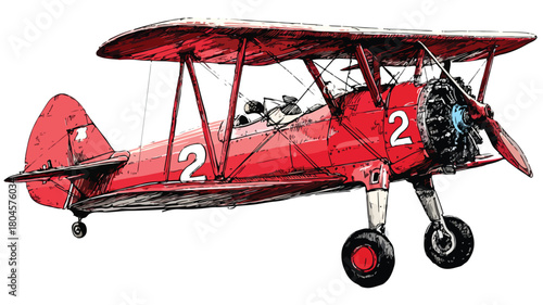 Red Biplane Number 2 Drawing for Aviation Enthusiasts and Vintage Aircraft Lovers