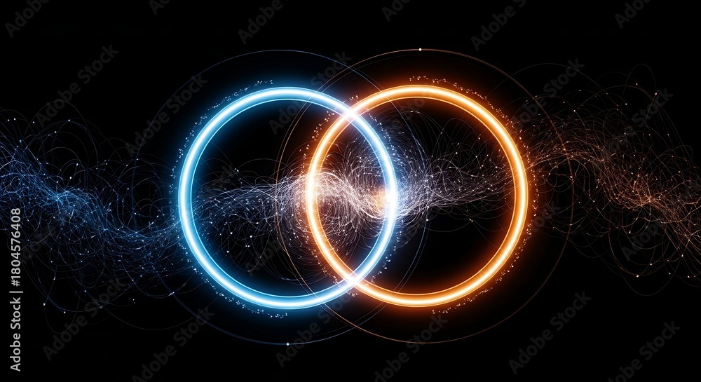 Obraz premium Futuristic concept of quantum computing showing two intertwined neon circles representing qubit superposition and energy fusion