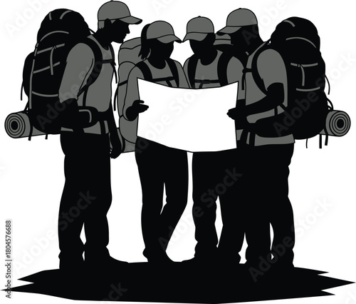 Group of hikers planning trip adventure with map and backpacks silhouette eps