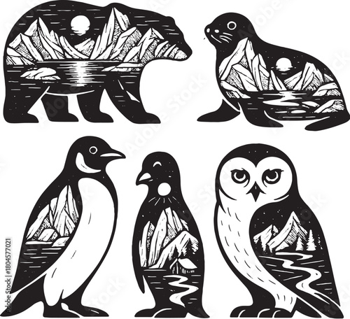 Four Arctic Animals Double Exposure Vector Illustration.eps