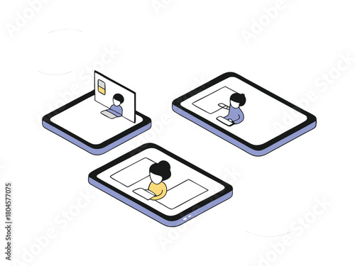 Three isometric devices showing people working remotely on white background remote work online learning