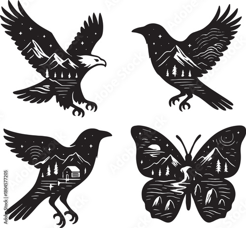 Flying Animals Double Exposure Vector Illustration.eps