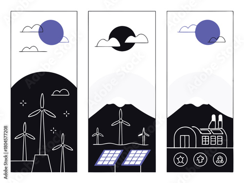 Three panels depicting renewable energy sources and industry on a white background wind turbine solar panel