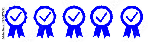 Set of approved or certified medal icon. Approval check symbol. Winning award, prize, medal or badge on white background.
