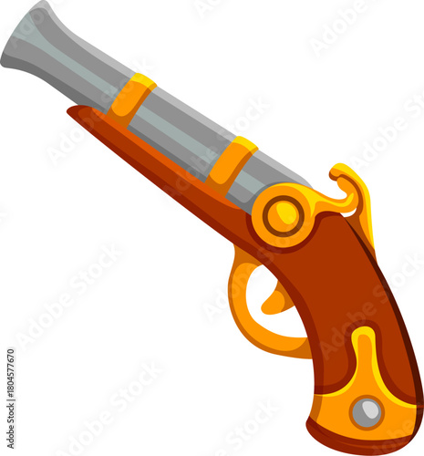 Corsair pirate captain medieval pistol weapon photo booth prop. Cartoon flintlock pistol isolated vector icon, filibuster bandit gunpowder firearm weapon kids photo booth prop with golden handle