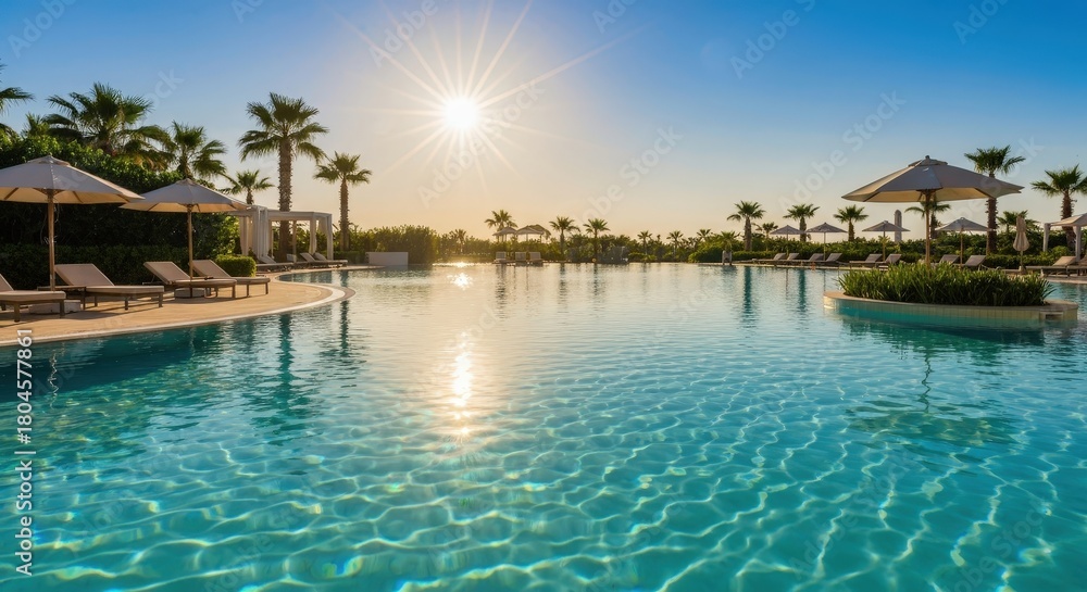 Obraz premium Serene Poolside View at Sunset with Palm Trees and Blue Sky for Relaxation and Leisure