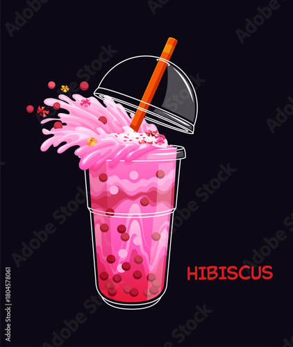 Cartoon milk hibiscus bubble tea drink glass with pink splash. Takeaway boba drink vector cup, street cafe sweet bubble tea beverage. Fast food milkshake cocktail with lid, pink milk splash and straw