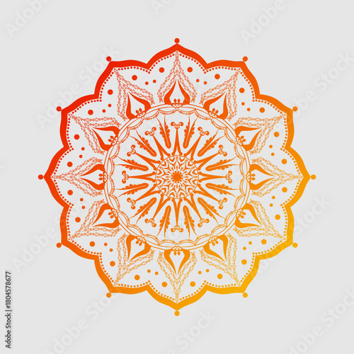 A detailed mandala design featuring smooth orange-to-red gradient accents and fine ornamental patterns. Perfect for decorative prints, spiritual art, and digital design projects.
