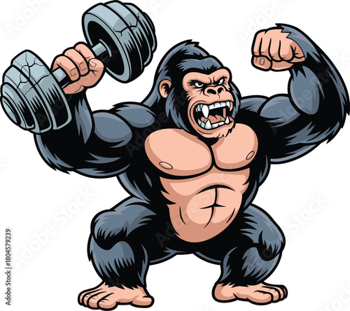Strong aggressive gorilla mascot lifting heavy dumbbell vector illustration, muscular ape bodybuilder roaring, gym fitness animal character graphic