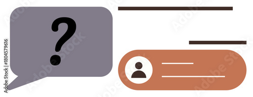 Question within speech bubble beside user profile card with text lines. Ideal for customer support, interaction, messaging, communication, queries, networking, forums. Simple flat metaphor