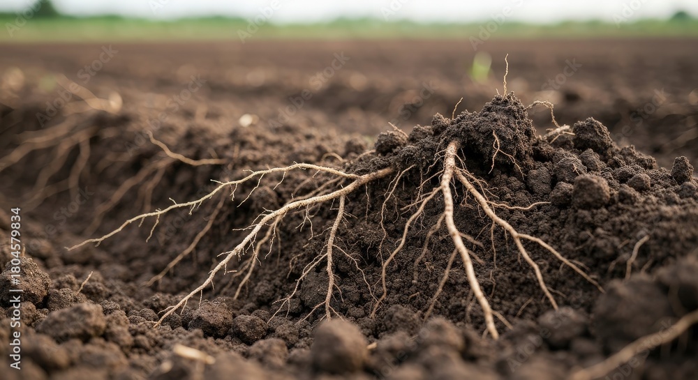 Fototapeta premium Close-Up View of Tree Roots Emerging from Dark Soil in a Natural Landscape Setting