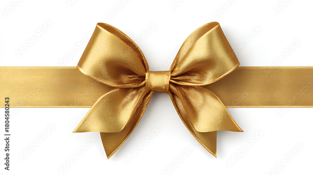 Fototapeta premium Golden gift ribbon with a bow tied in the center, horizontal layout. Isolated on white background