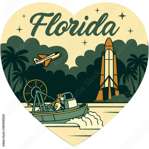 Florida Heart Illustration with Space Shuttle, Airboat and Palms – Retro Travel Emblem