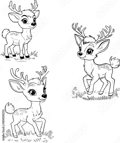 Deer Coloring Page Vector Set: Woodland Stag and Fawn Line Art for Kids, Christmas, and Nature Printables