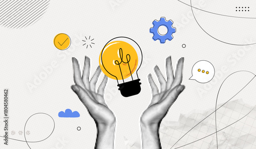 Trendy Halftone Collage Two Hands holds lightbulb. Creative mind, brainstorm or innovation. Create creative idea concept. Business solutions. Think outside box. Contemporary vector illustration art