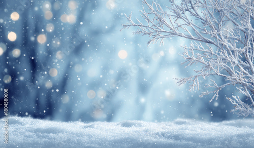 Beautiful winter background with sparkling snow and magical bokeh light