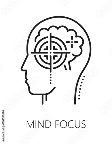 Mind focus mental health, psychology line icon or pictogram. Psychotherapy problem outline vector symbol, mental health icon. Psychology pictogram with head silhouette and optical sight crosshair
