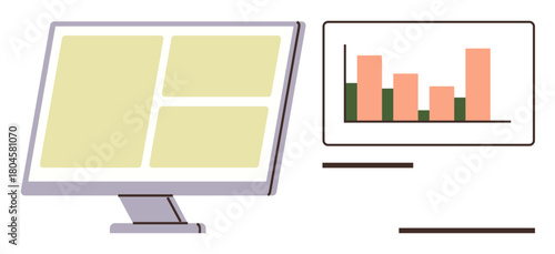 Desktop displaying segmented interface alongside a bar graph on external display. Ideal for analytics, dashboards, business insights, marketing data, growth, research, and teamwork. Simple flat