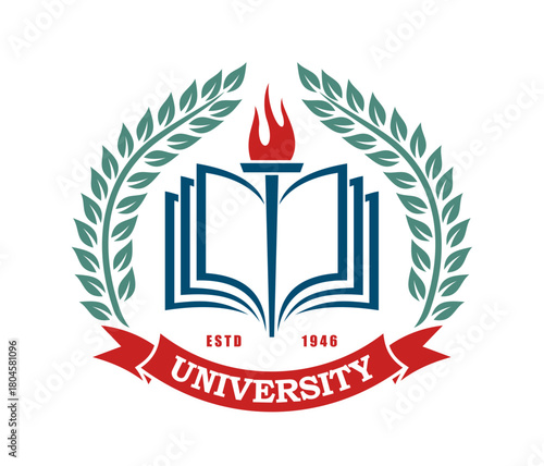 University and college academy icon or emblem. College team vector badge, academic education emblem. International university seal or icon with open book, fire torch, laurel wreath and red ribbon