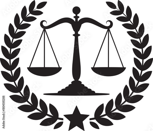 Scales of justice surrounded by laurel wreath and star vector illustration
