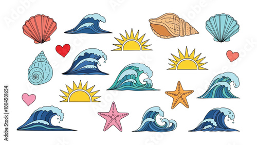 Coastal Cartoon Elements: A collection of charming cartoon illustrations, featuring playful waves, radiant sun, delightful hearts, and unique seashells.