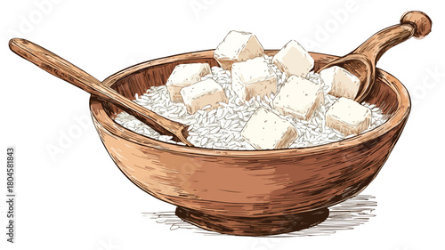 Cubes of Rice in Bowl with Wooden Spoon Drawing for Food Concept