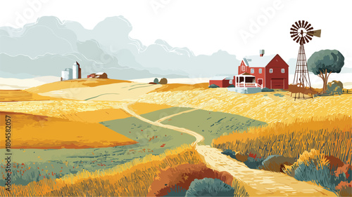 Serene Farm Landscape with Distant Farmhouse and Vector Outline