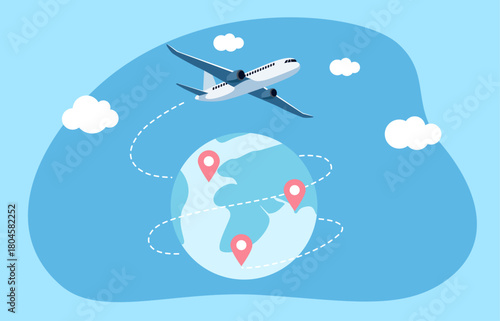 An airplane flying around the globe with location pins, symbolizing international travel, global connections, and worldwide destinations.