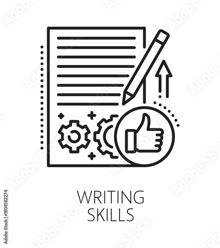 Writing life skills line icon or pictogram. Human quality outline vector icon, personal writing ability lineart pictogram. People life skills symbol or sign with paper page, pen and written text
